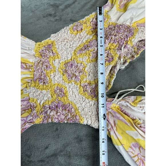 Free People Kalimantan Printed Midi Dress Bold Floral Ruched Blush Yellow Medium - Picture 9 of 14